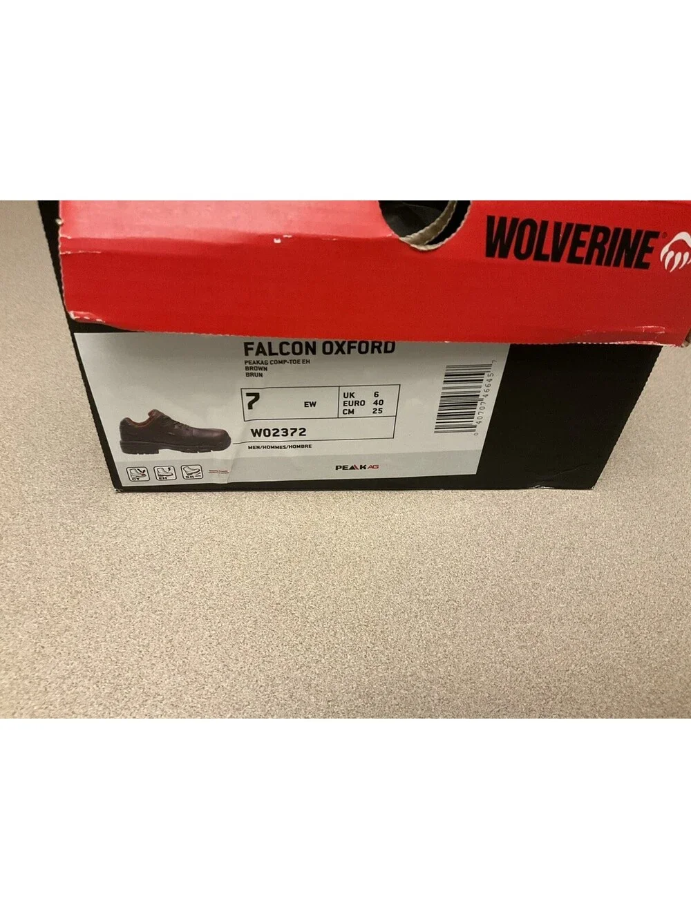 New! Mens Wolverine Falcon Oxford Composite Toe PeakAG Work Shoes. Size 7EW.